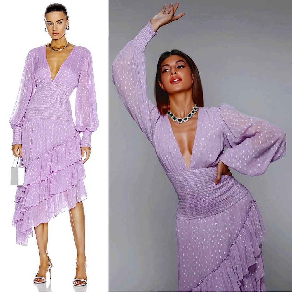 ROCOCO SAND Lilac Puff Long Sleeve Smocked Waist Asymmetric Tier‎ Ruffle Dress S